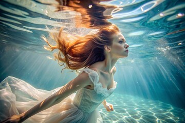 Portrait of a beautiful red-haired girl in a fashionable white dress under water at a depth.