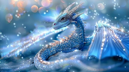 Wall Mural - Blue dragon atop a submerged rock, surrounded by bubbles covering its body and wings Sky backdrop of intermingling blue and white bubble formations