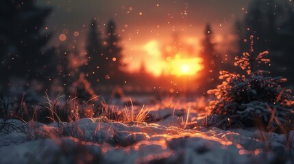 Wall Mural -  The sun sets over a snowy field, trees in the foreground dusted with snow, grass and ground covered