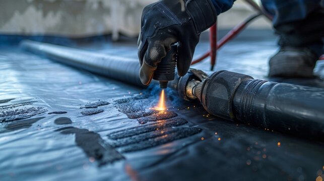 A worker using a heat gun to fuse together two pieces of geotextile fabric creating a seamless and strong connection.