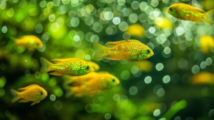  A small school of yellow fish swims in clear, green water teeming with submerged plants Surface bubbles form amidst the serene scene, while the backdrop gently