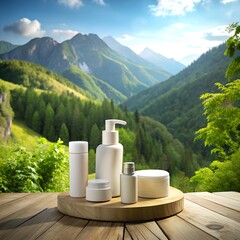 Poster - podium for natural products in mountains nature a stage for cosmetics product presentation in natural green environment copy space