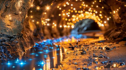 Wall Mural -  A tunnel lined with numerous lights borders a body of water Rocks flank the tunnel's sides, and a slim stream of water runs through its center