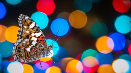 Wall Mural -  A tight shot of a butterfly against a vaguely defined backdrop, adorned with colorful lights In the foreground, a softly blurred image of a flower (not