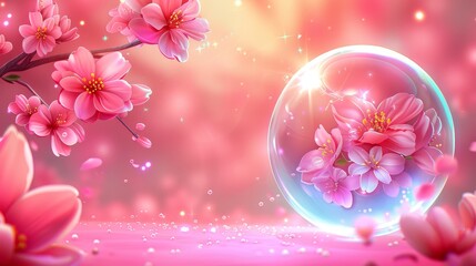 a bubble, filled with pink flowers, hovers above a pink surface its center holds a tree branch, whil