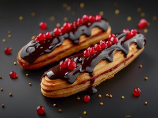 Wall Mural - Decadent chocolate-covered pastry with pomegranate seeds