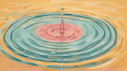 Wall Mural -  A pink and blue umbrella hovers over a yellow pool of water, its surface dotted with ripples Behind the umbrella, a yellow wall stands still