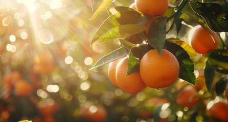 Wall Mural - Ripe oranges hanging on a tree in the warm sunlight