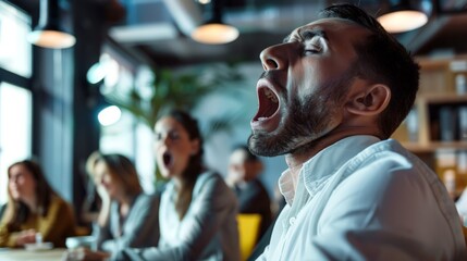 A man is yawning in a restaurant with other people