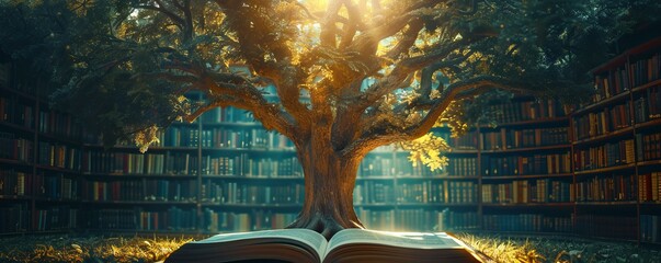 Wall Mural - Big tree of knowledge, old book in library, magical light to success, education concept, beautiful background