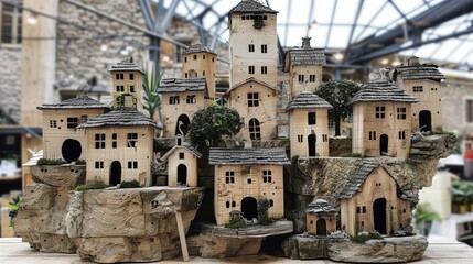 Wall Mural -  A tight shot of numerous small structures on a table, surrounded by a building with a glass roof and a skylight in the backdrop Few trees in the foreground