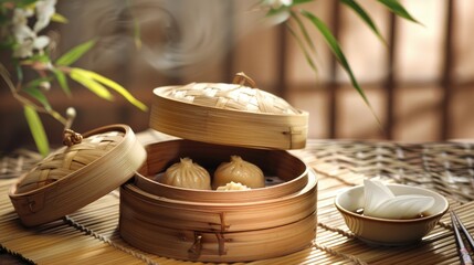 Wall Mural - Traditional Chinese Cuisine Steamed Dimsum Served in Bamboo Vessels