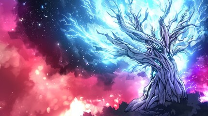 Wall Mural -  A painting of a solitary tree in a night sky, adorned with stars, featuring a radiant light emanating from the tree's trunk
