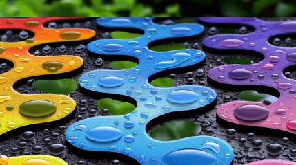 Wall Mural -  A close-up of various colored soap bubbles on a water surface, with water droplets, and a background of green grass