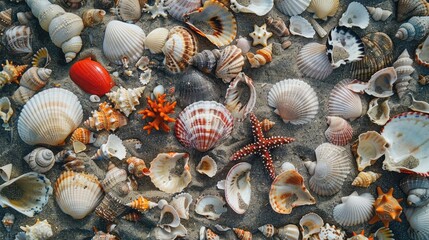 Wall Mural - An aerial view of a sandy beach section filled with different types of seashells and coral fragments.