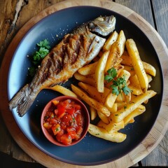 Wall Mural - Grilled fish with french fries and salsa