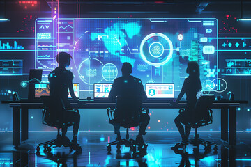 Business people meeting in futuristic office setting with holographic data visualization. Digital technology for marketing data analysis and investment decision making