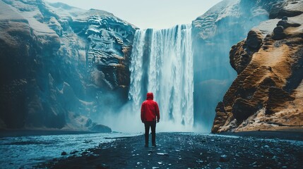 A man stands in front of a waterfall, wearing a red jacket