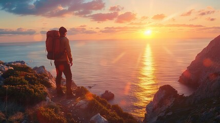 Wall Mural - A man is standing on a rocky cliff overlooking the ocean