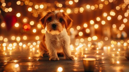 Wall Mural -  A small brown and white dog sits on the floor beside a table The table is adorned with lit candles and holds a cup of tea in front of the dog, who gazes