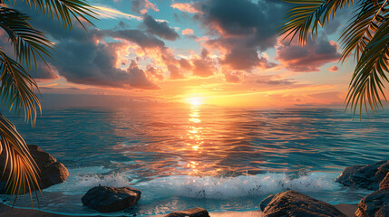 Wall Mural - Photo realistic Beach resort sunset view: High res image of breathtaking sunset at resort with glossy backdrop, showcasing natural beauty  serene environment