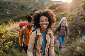 Sticker - Millennial friends hiking and enjoying nature.