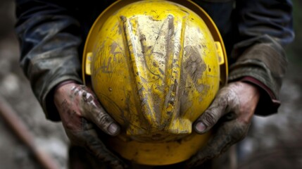 A worker puts on a bright yellow hard hat as he prepares for a safety drill ensuring he is easily visible in case of an emergency.