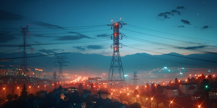 A tall electrical tower with illuminated power line, transmitting renewable energy to urban areas and homes at night, depicted in a 3D rendering.
