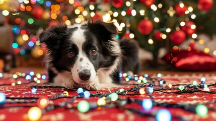 Wall Mural -  A black-and-white dog lies on a red rug Nearby, a Christmas tree is adorned with lights, and a red-and-white dog gazes at the camera