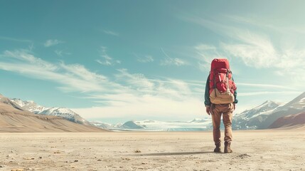 Wall Mural - A man with a red backpack stands in a desert