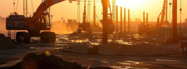 Wall Mural - The image shows a large group of construction equipment parked at a construction site. The equipment is bathed in the warm light of the setting sun.