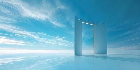 Symbolic open door to blue sky represents passage to new life. Concept Symbolic imagery, Open door, Blue sky, New beginnings, Passage to new life