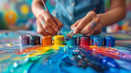 A close-up of a person's hands painting a rainbow flag illustrating the act of self-expression and pride