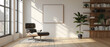 © Starkreal - Modern living room interior design featuring white empty wall mockup, wooden floor, book shelf, armchair, and window, ideal for showcasing products