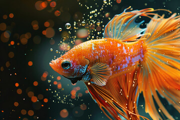 Create an image of a dynamic paint splash that morphs into the shape of a fish, with paint drops forming the scales and fins 