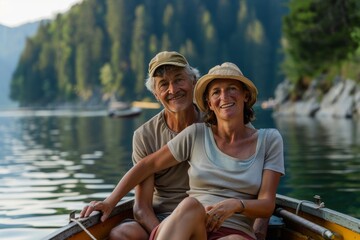 Canvas Print - Peaceful ageless couple relaxing on a boat in a lake