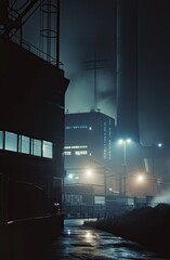 Wall Mural - The photo shows the exterior of a nuclear power plant at night
