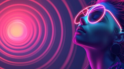 Wall Mural - Neon glow portrait of a young woman with abstract background