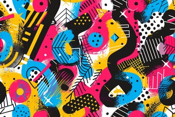 Wall Mural - 80s Memphis seamless pattern, vibrant geometric shapes, retro aesthetic, bright colors, playful and abstract, bold design, intricate details, dynamic and vivid