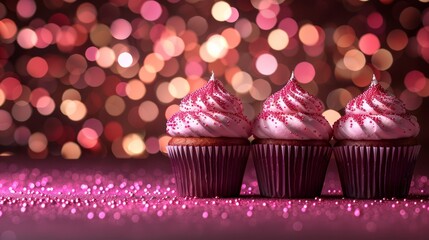 Wall Mural -  Three pink cupcakes, each topped with white frosting and pink sprinkles, sit against a backdrop of pink and pink lit bulbs The background softly blurs