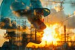 © PTC_KICKCAT - Double exposure of a woman's profile with a construction site at sunset, symbolizing industry, engineering, and architectural determination.