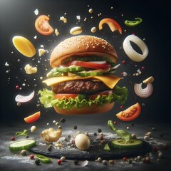 Wall Mural - A Burger in mid air - splash.