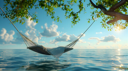 Wall Mural - Glossy Relaxation: High Resolution Photo Realistic Hammock Overlooking Ocean View, Concept of Beach Resort Peacefulness and Relaxation   Photo Stock