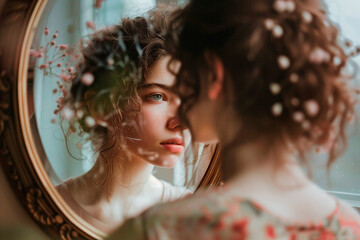 Wall Mural - A woman with long brown hair is looking into a mirror