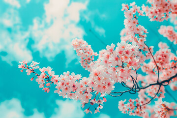 Wall Mural - A beautiful pink tree with white flowers is in front of a blue sky