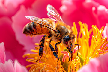 Sticker - A bee is on a flower, with its head down and its legs spread out