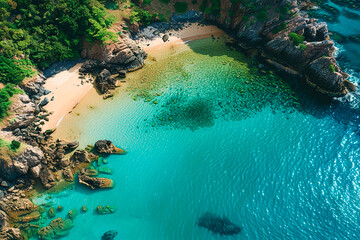 Poster - A beautiful blue ocean with a rocky shoreline