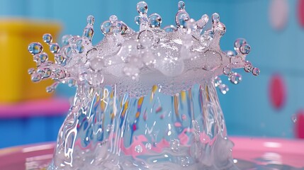 Wall Mural -  A tight shot of a watery diadem atop a pink dish, against a blue background wall A yellow cup sits centered atop the crown's peak