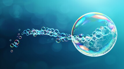 Wall Mural -  A single soap bubble floats near a string of bubbles against a blue backdrop Above, a blurred array of bubbles ascends