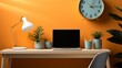 © DARIKA - A simple and modern office background with a white desk, a minimalist clock, a laptop, and colorful desk accessories, adding a playful yet professional touch.